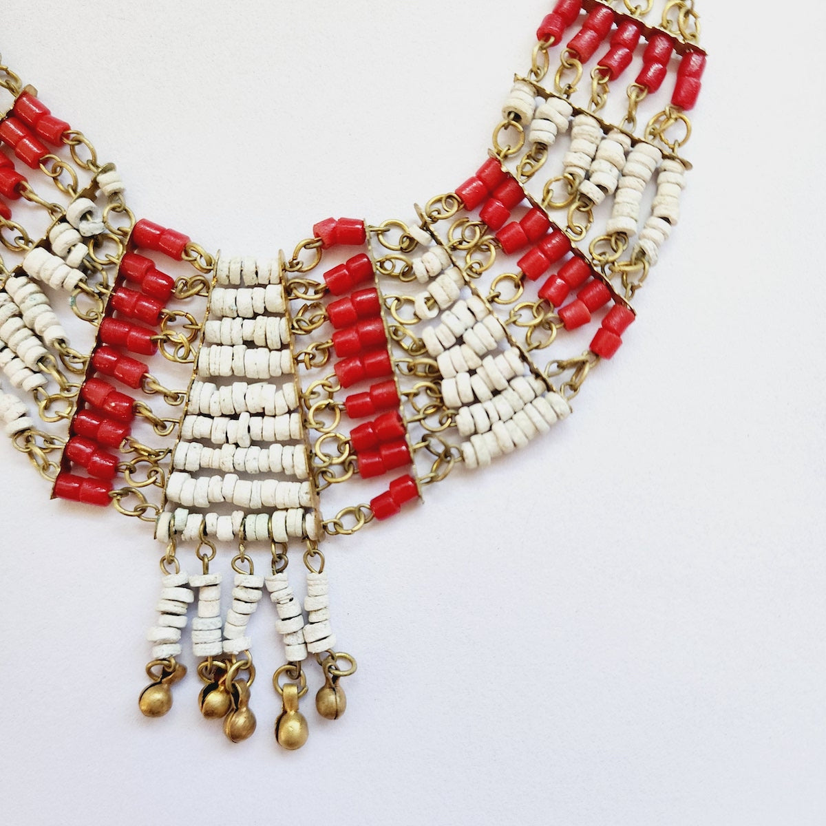 Red Glass w. White Faience Clay Beads - Vintage Egyptian Revival Choker Bib Collar Necklace