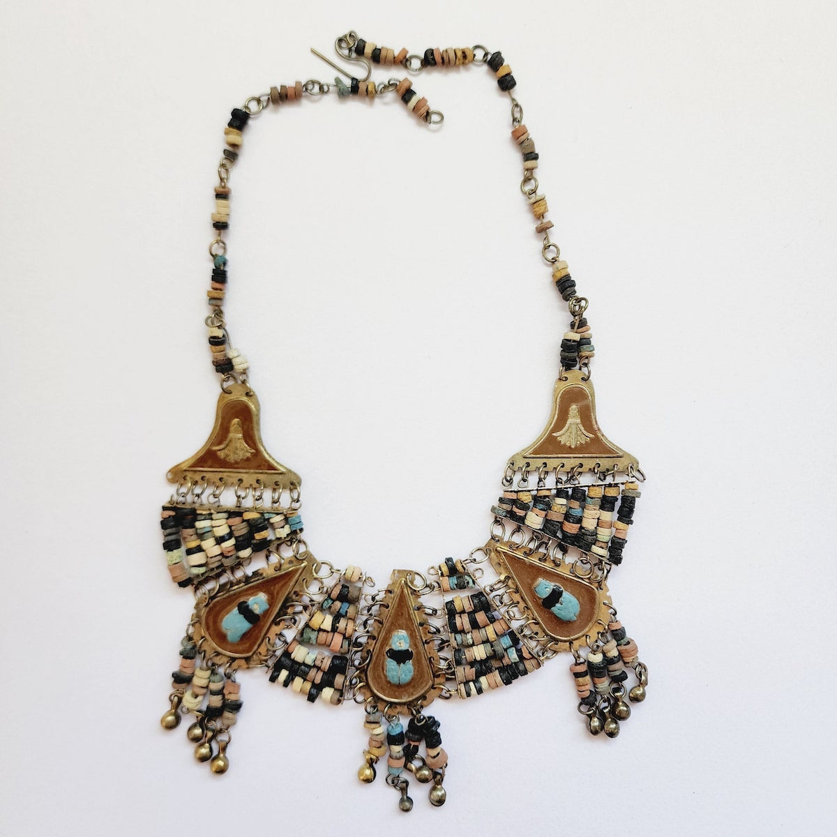 Brown Enamel w. Natural Shades of Faience Clay Beads - Vintage Egyptian Revival Choker Bib Collar Necklace