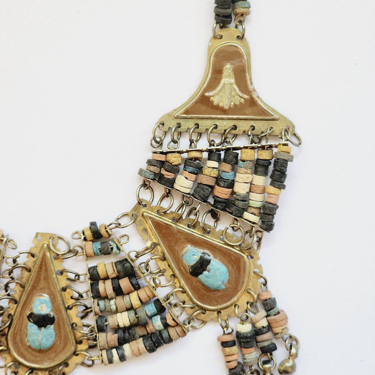 Brown Enamel w. Natural Shades of Faience Clay Beads - Vintage Egyptian Revival Choker Bib Collar Necklace