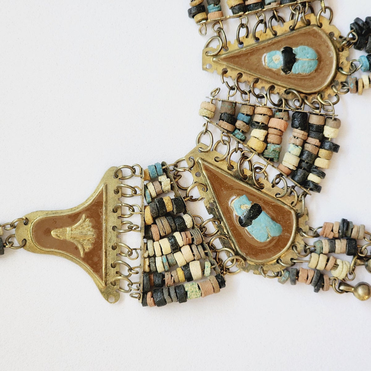 Brown Enamel w. Natural Shades of Faience Clay Beads - Vintage Egyptian Revival Choker Bib Collar Necklace