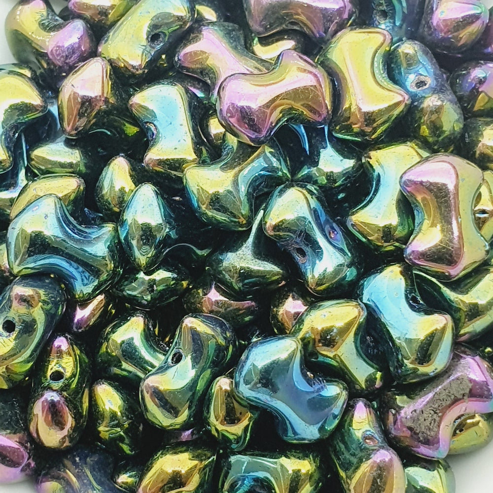 6x9mm Bowtie (25) - Green Metallic Iris - Vintage Czech Glass Beads