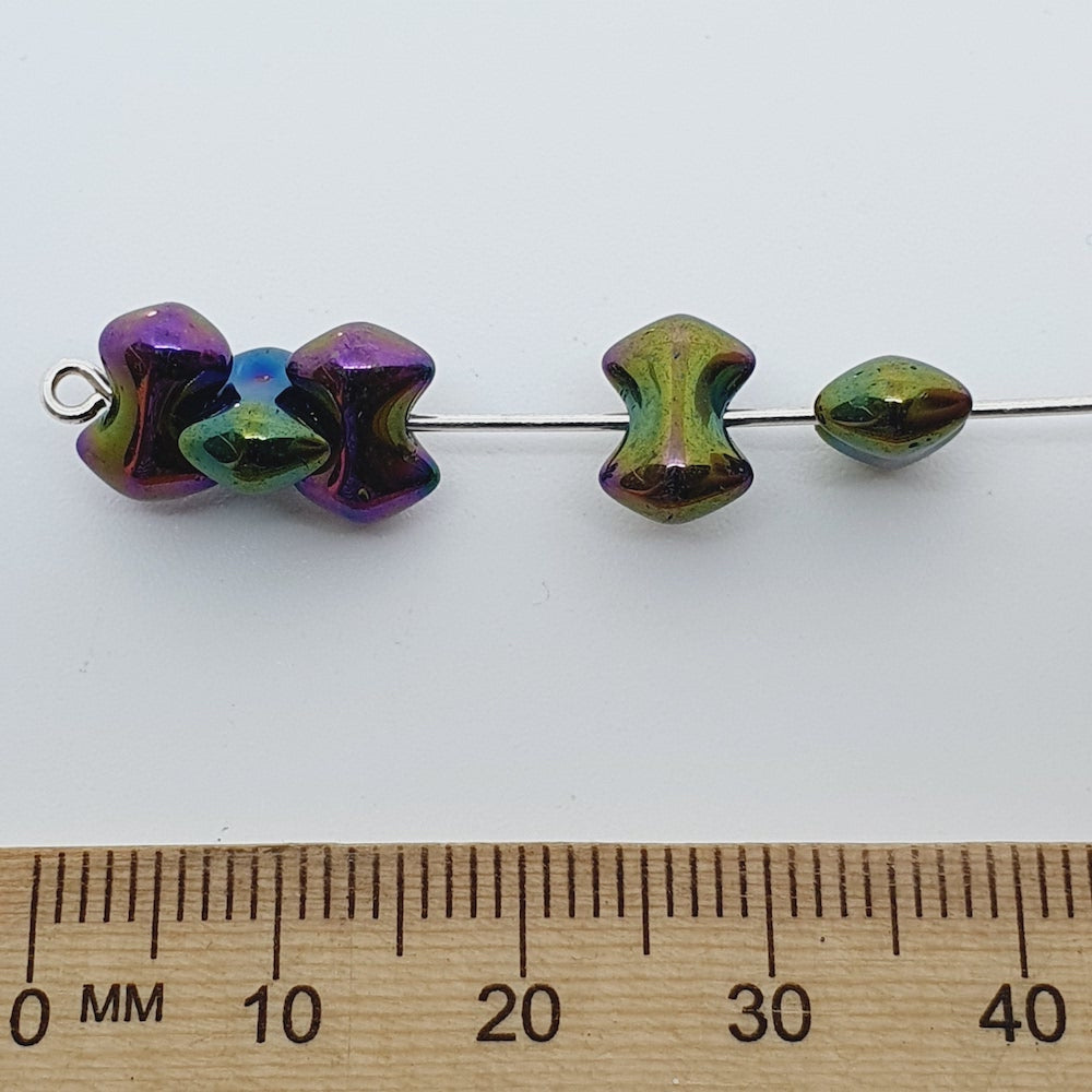 6x9mm Bowtie (25) - Green Metallic Iris - Vintage Czech Glass Beads