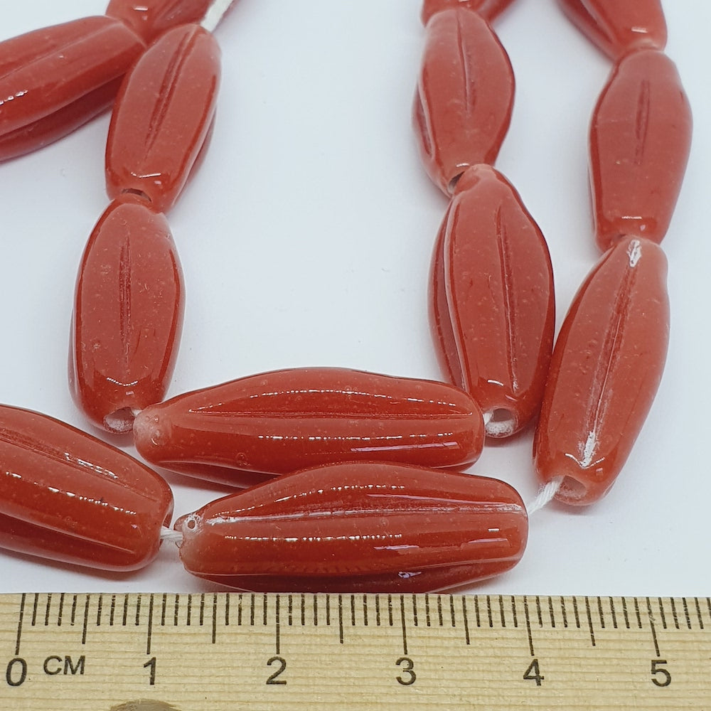Starfruit Long - Tomato Red Opaque - Java Glass Lampwork Beads - (1 strand)