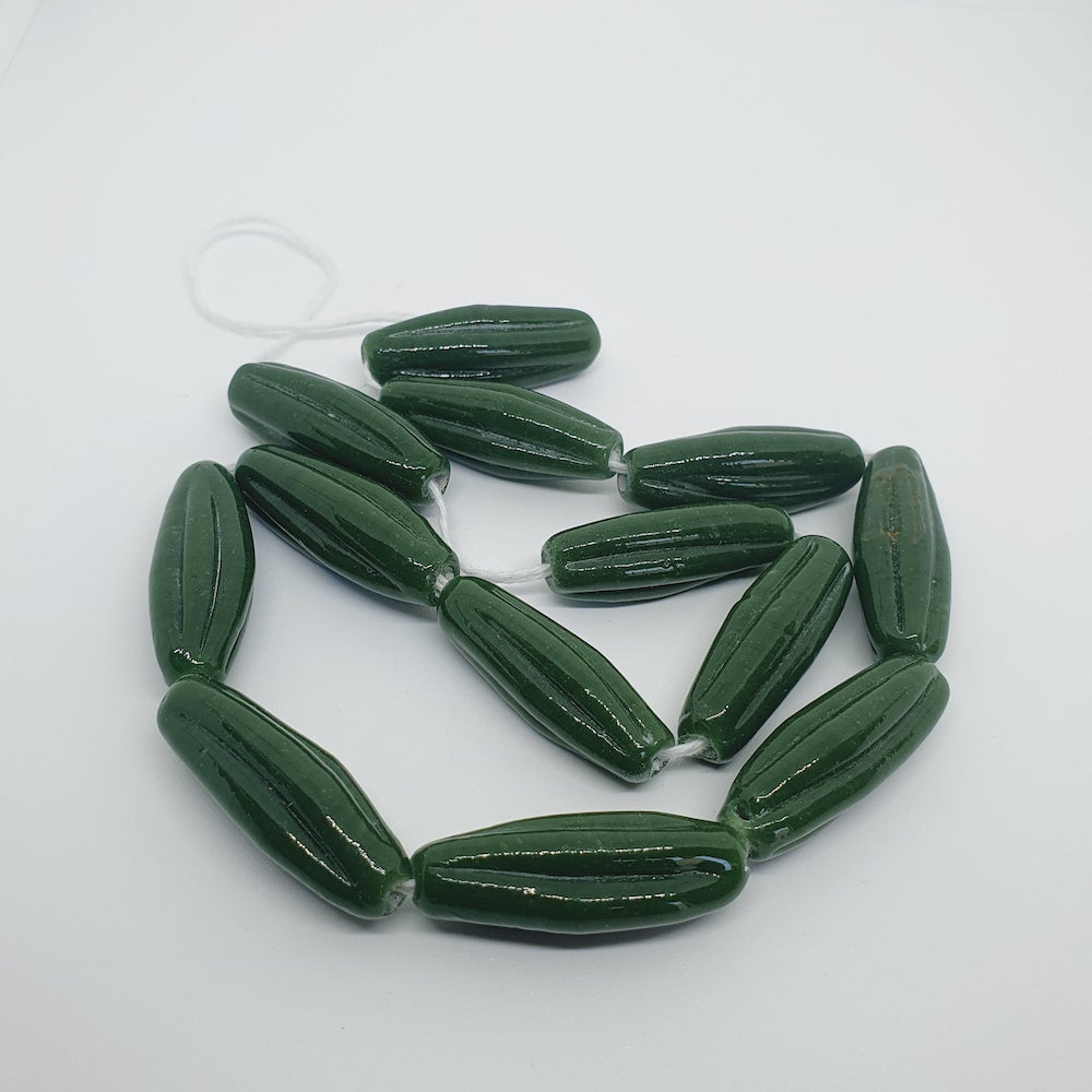 Starfruit Long - Dark Green Opaque - Java Glass Lampwork Beads - (1 strand)