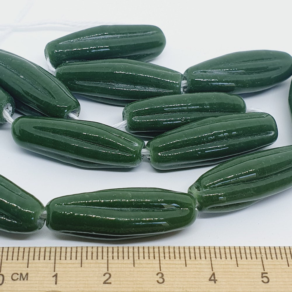Starfruit Long - Dark Green Opaque - Java Glass Lampwork Beads - (1 strand)