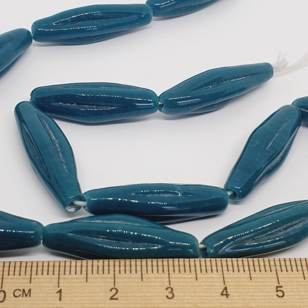 Starfruit Long - Teal Blue Opaque - Java Glass Lampwork Beads - (1 strand)