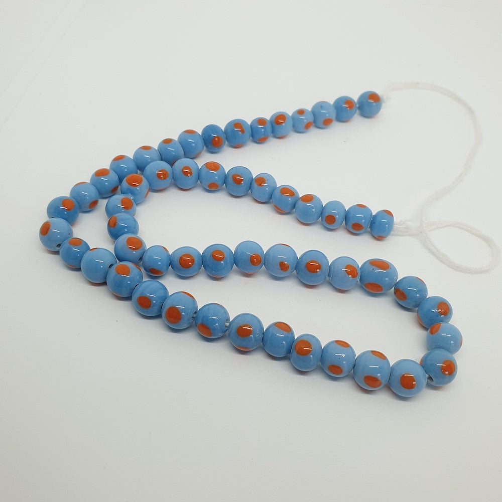7~8mm Round - Sky Blue w. Orange Spot Opaque - Java Glass Lampwork Beads - (1 strand)