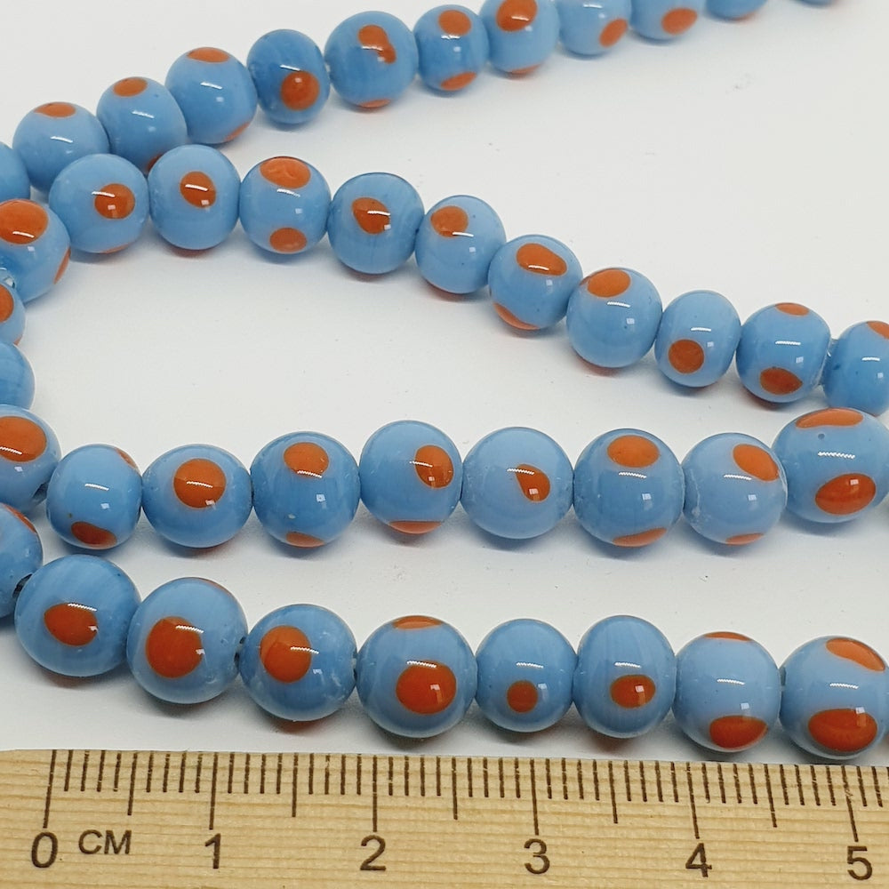 7~8mm Round - Sky Blue w. Orange Spot Opaque - Java Glass Lampwork Beads - (1 strand)