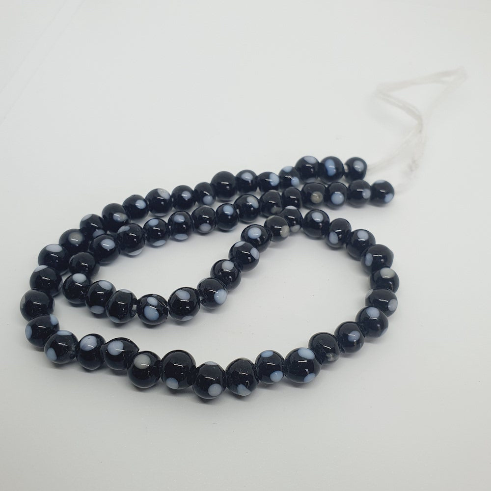 6~8mm Round - Black w. White Spot Opaque - Java Glass Lampwork Beads - (1 strand)