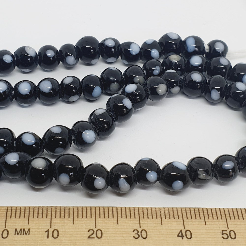 6~8mm Round - Black w. White Spot Opaque - Java Glass Lampwork Beads - (1 strand)