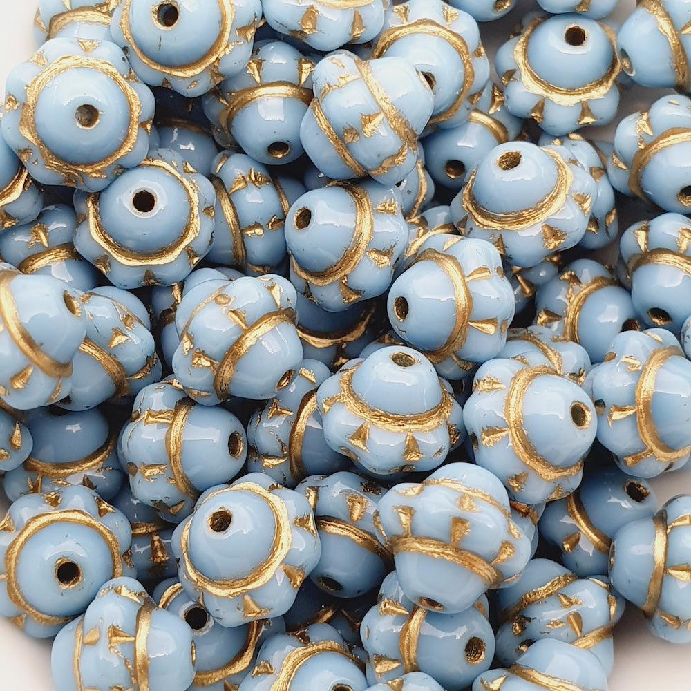7x8mm Capped Bicone (25) - Light Blue Opaque w. Gold - Vintage Czech Glass Beads