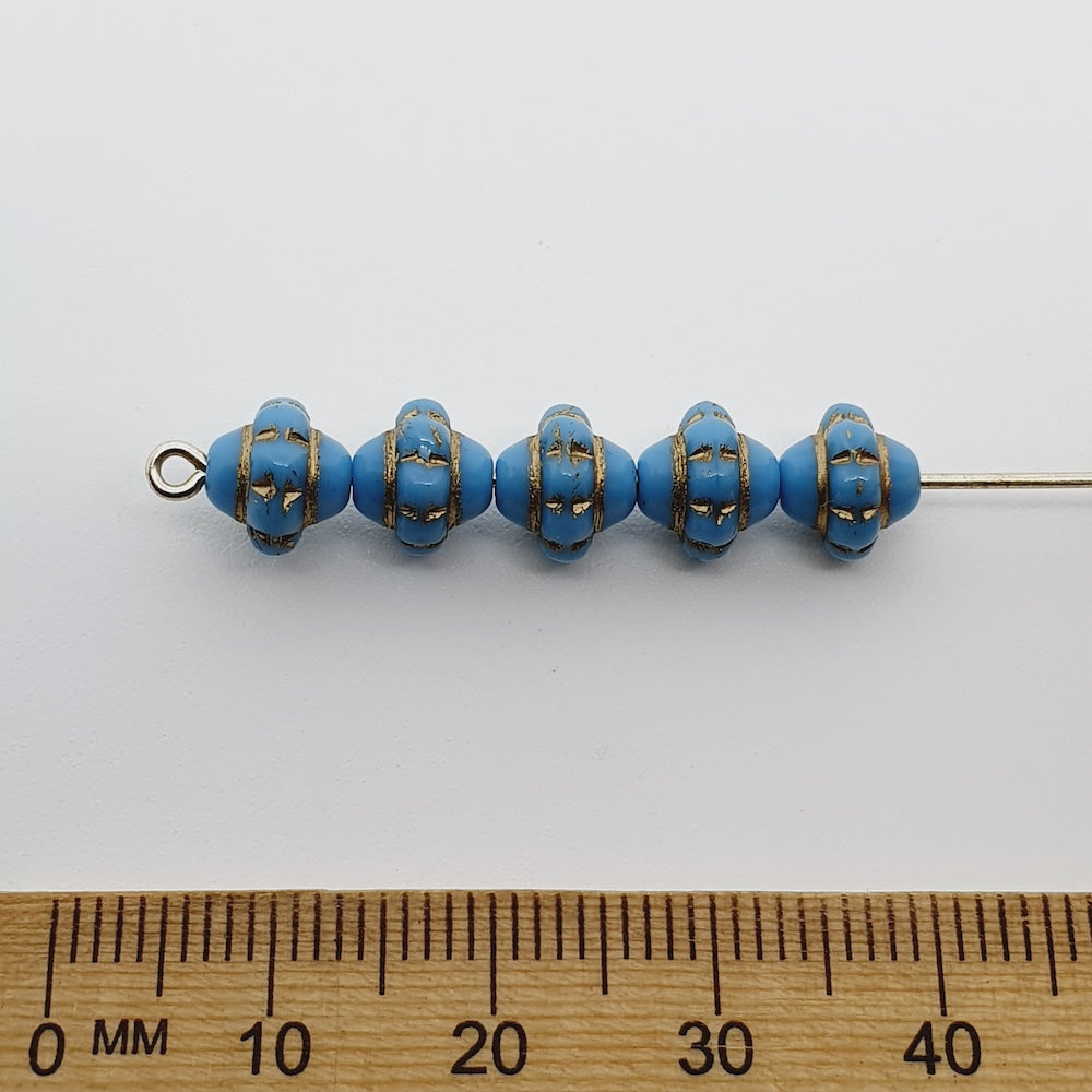 7x8mm Capped Bicone (25) - Light Blue Opaque w. Gold - Vintage Czech Glass Beads