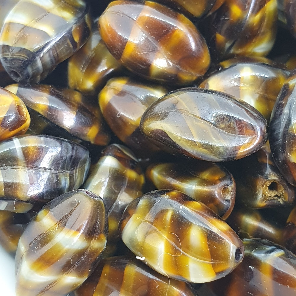 14x8mm Oval Twist (10) - Dark Brown Opaque Swirl - Vintage Czech Glass Beads