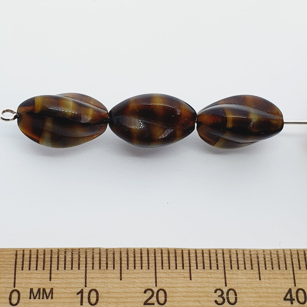 14x8mm Oval Twist (10) - Dark Brown Opaque Swirl - Vintage Czech Glass Beads