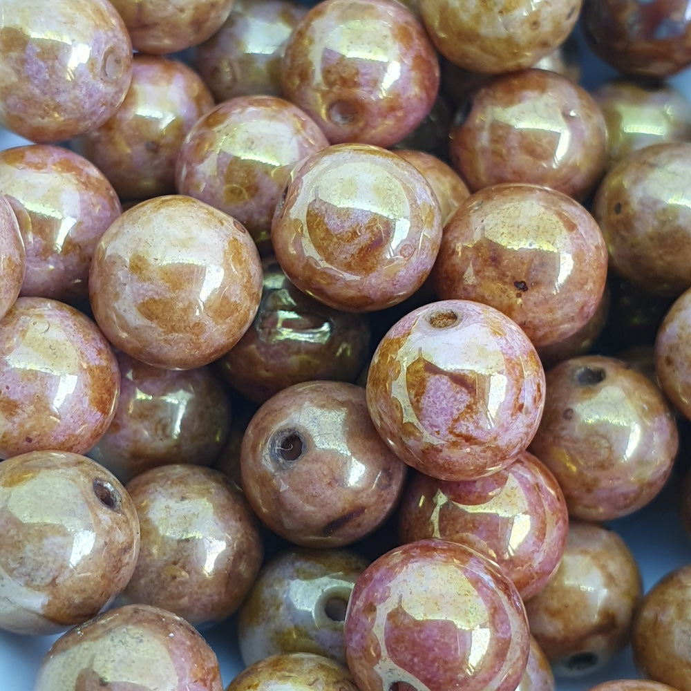 8mm Round (25) - Pink w. Gold - Vintage Czech Glass Beads