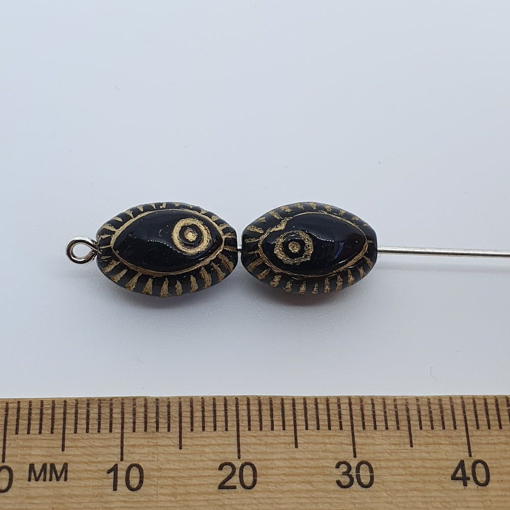 13x10mm Oval (10) - Black Opaque w. Gold Eye - Vintage Czech Glass Beads