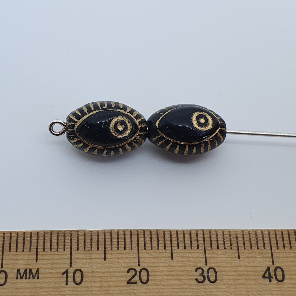 13x10mm Oval (10) - Black Opaque w. Gold Eye - Vintage Czech Glass Beads