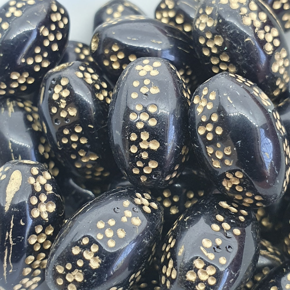 15x10mm Oval (10) - Black Opaque w. Gold - Vintage Czech Glass Beads