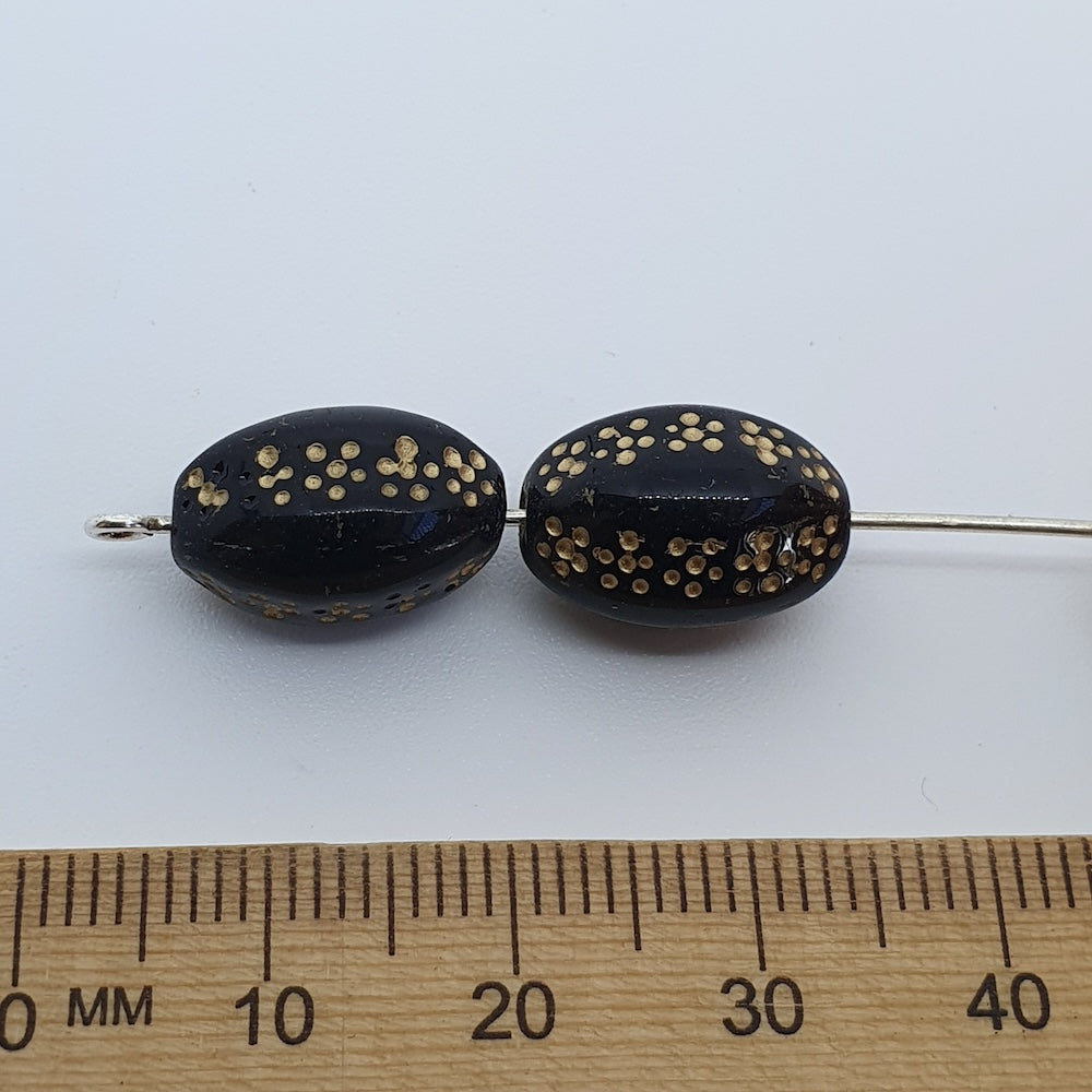 15x10mm Oval (10) - Black Opaque w. Gold - Vintage Czech Glass Beads