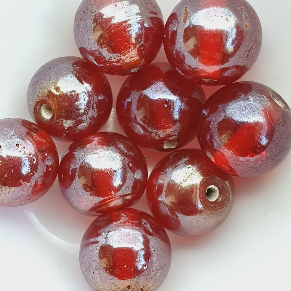 12mm Round (25) - Transparent Red Lustre - Indian Glass Vintage Beads