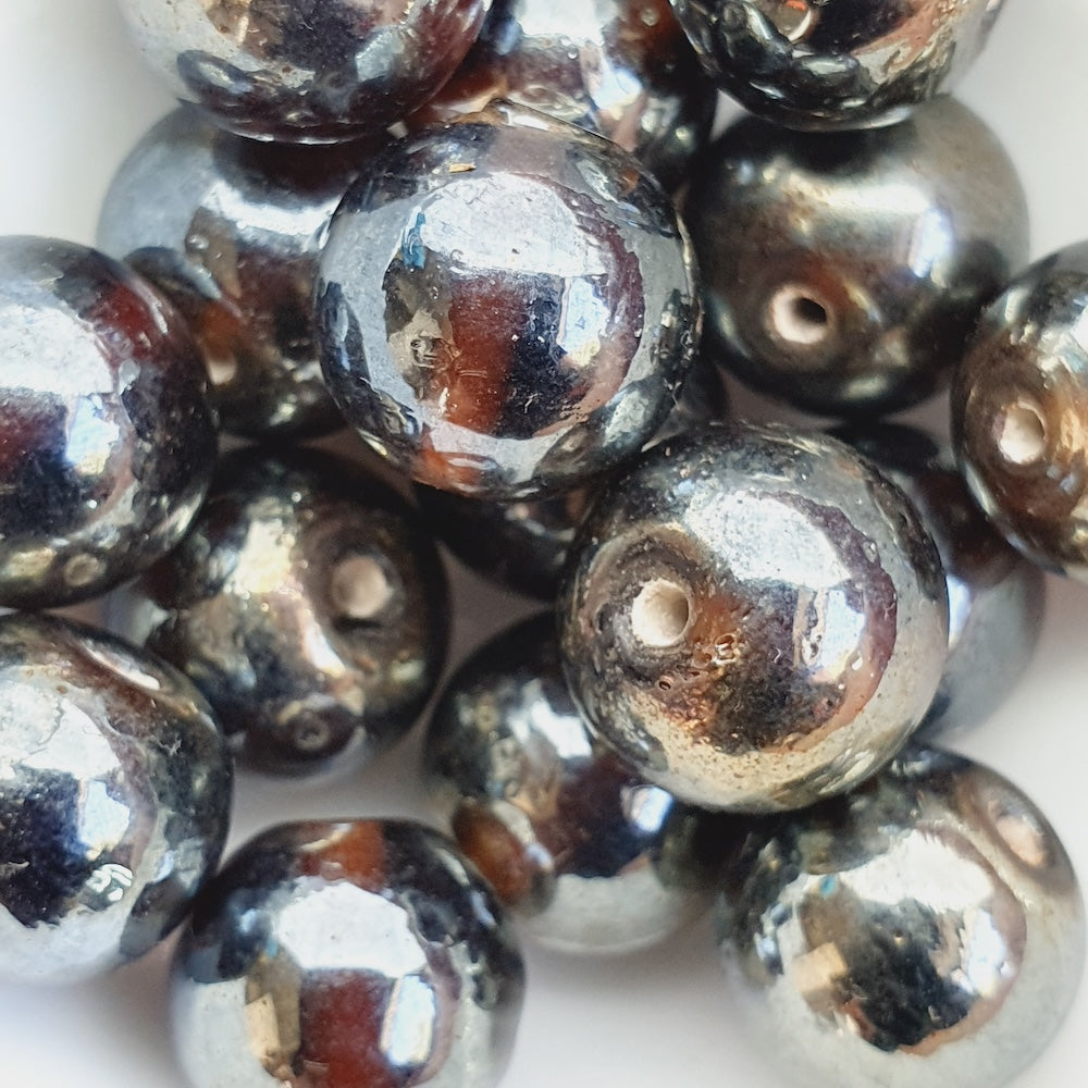 12mm Round (25) - Transparent Brown w. Gunmetal Lustre - Indian Glass Vintage Beads
