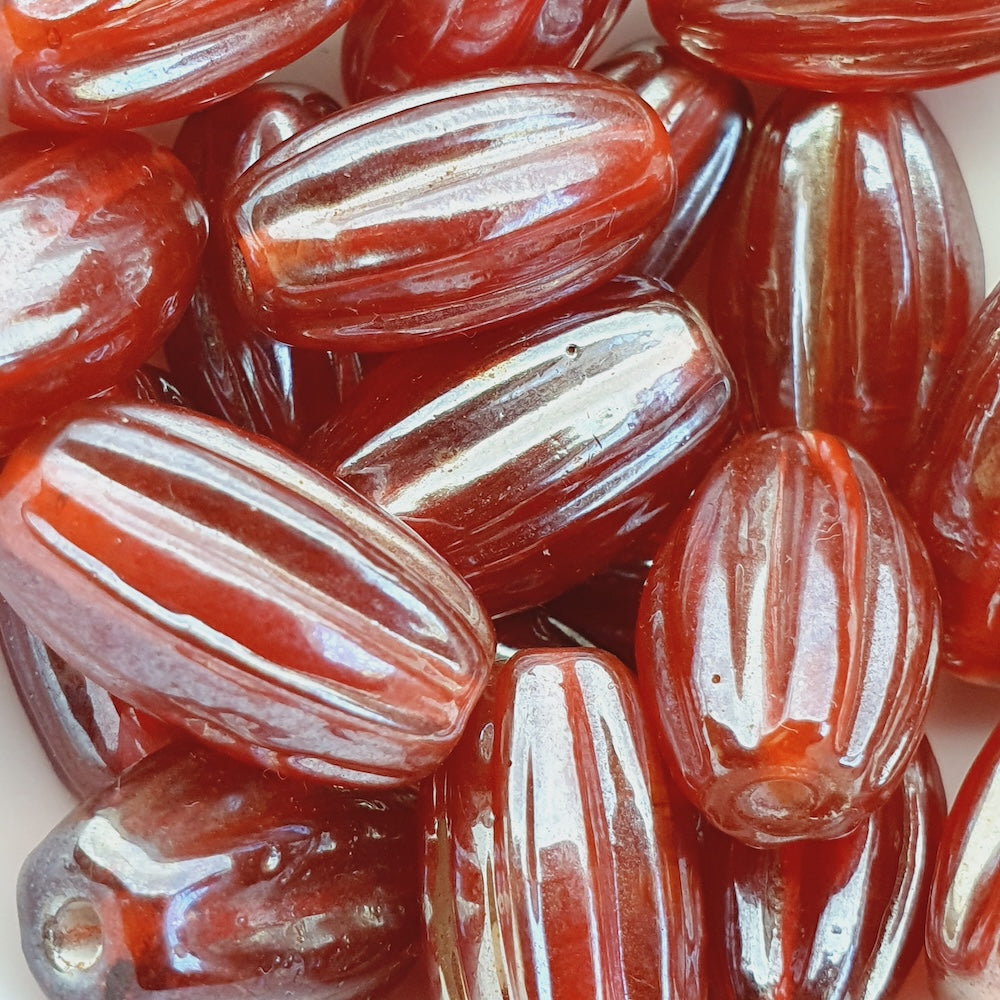 16x10mm Grooved Oval (25) - Transparent Red Lustre - Indian Glass Vintage Beads