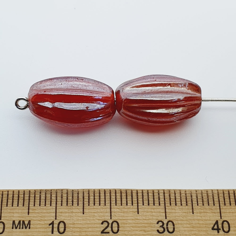 16x10mm Grooved Oval (25) - Transparent Red Lustre - Indian Glass Vintage Beads