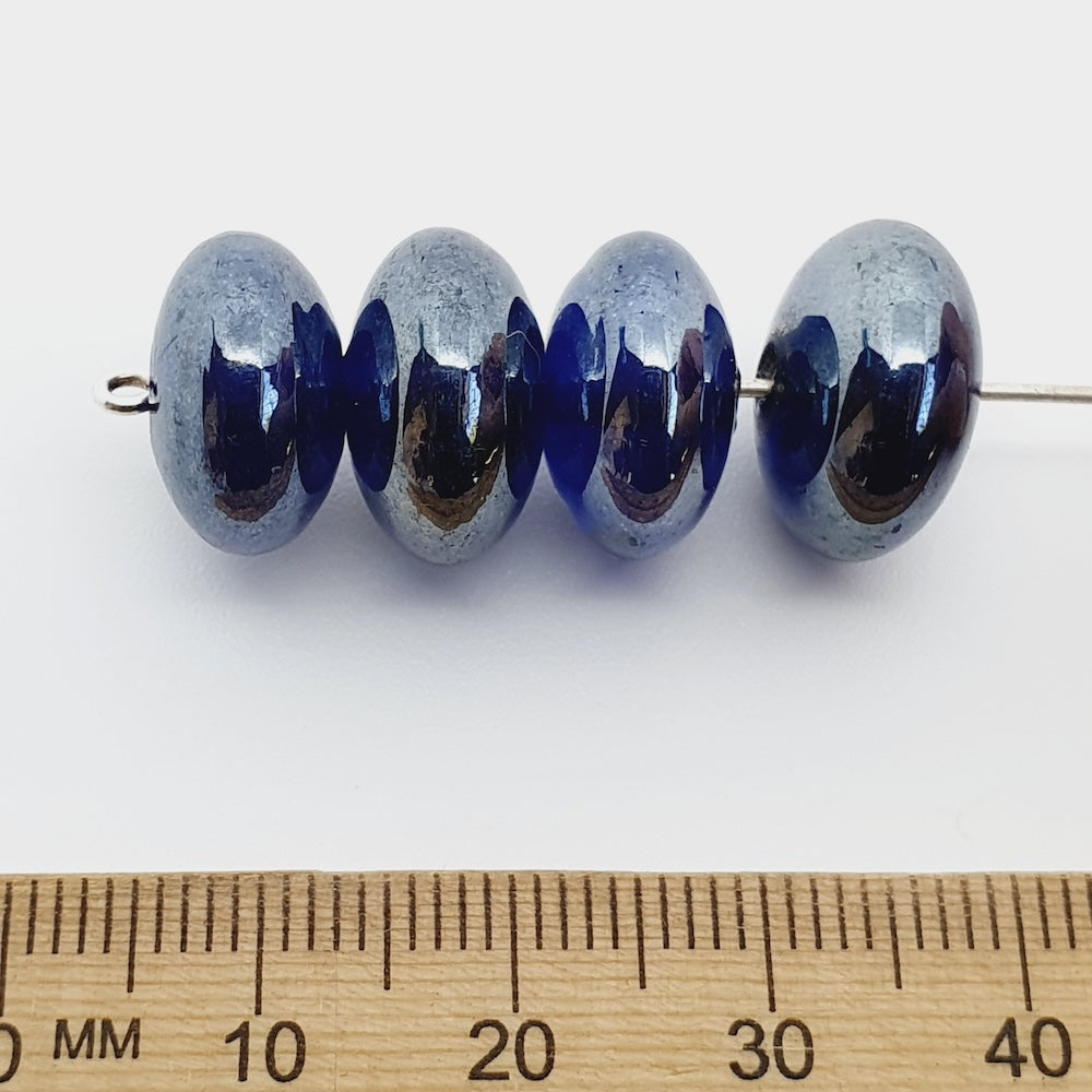 8x14mm Rondelle (25) - Transparent Sapphire Blue w. Gunmetal Lustre - Indian Glass Vintage Beads