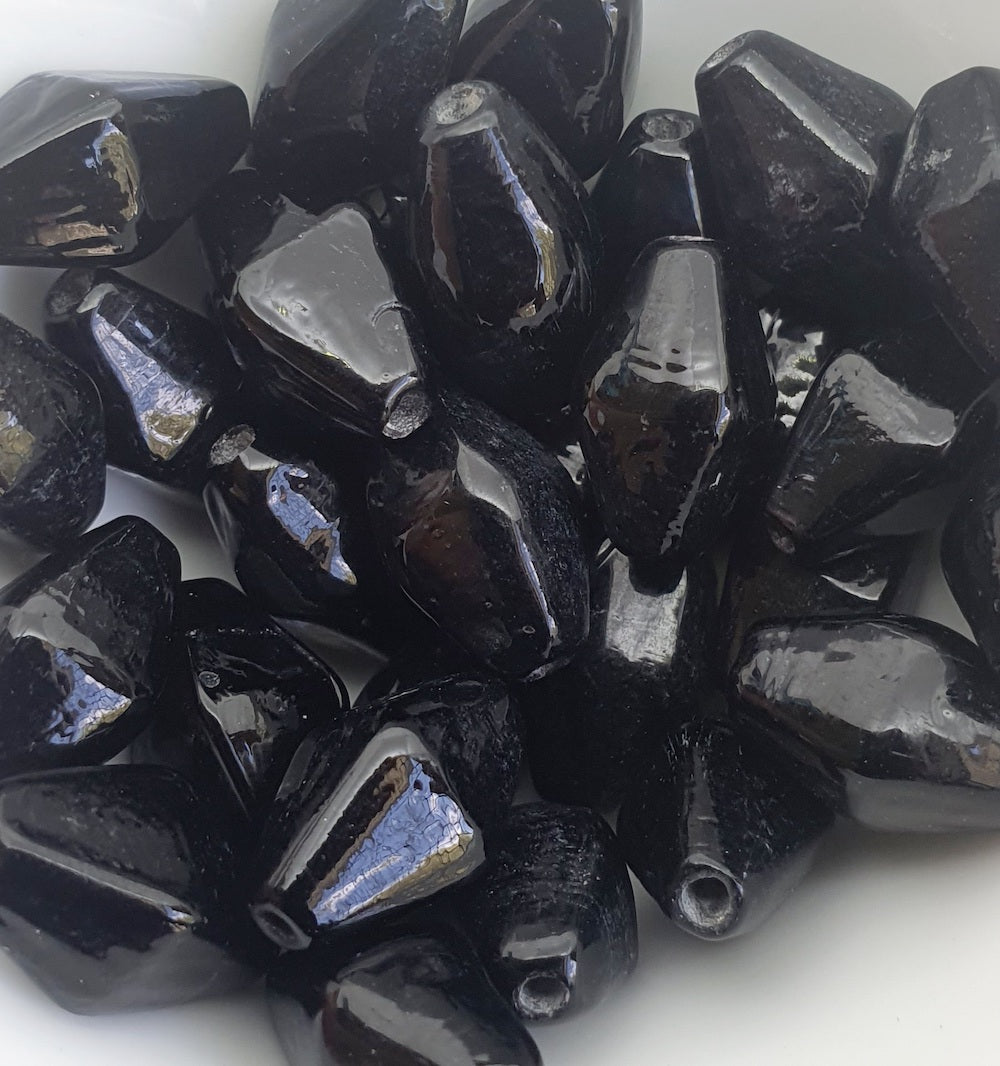 15x8mm Bicone (25) - Opaque Black - Vintage Indian Glass Bead