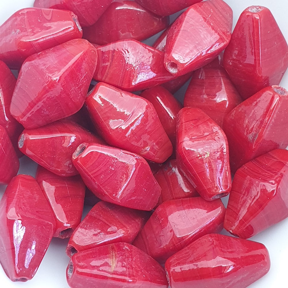 15x8mm Bicone (25) - Opaque Red - Vintage Indian Glass Bead