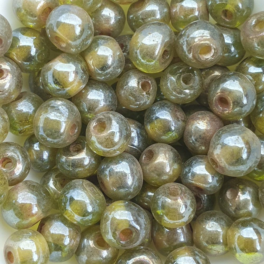 6mm Round (100) - Transparent Peridot Green w. Gunmetal Lustre - Indian Glass Vintage Beads