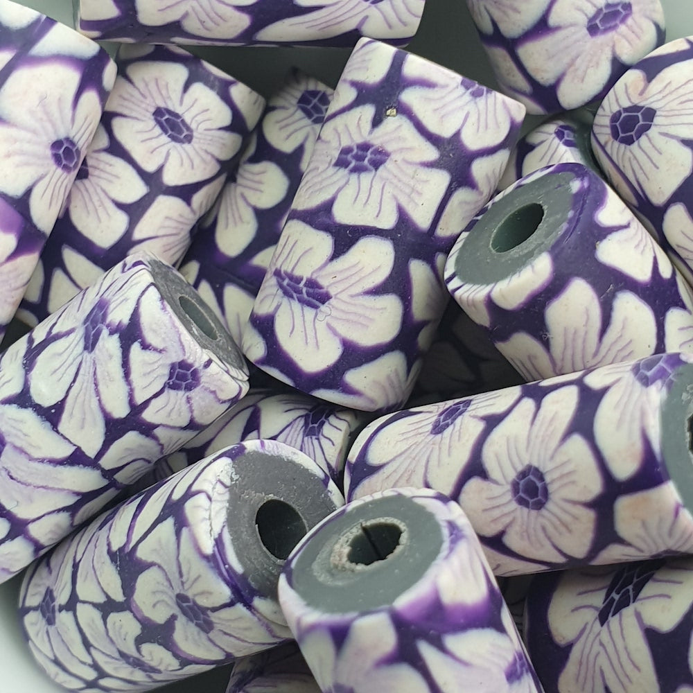18mm Tube Fimo Beads (10) - White Single Flowers on Purple
