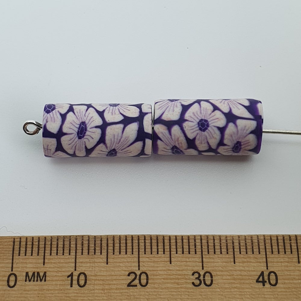 18mm Tube Fimo Beads (10) - White Single Flowers on Purple