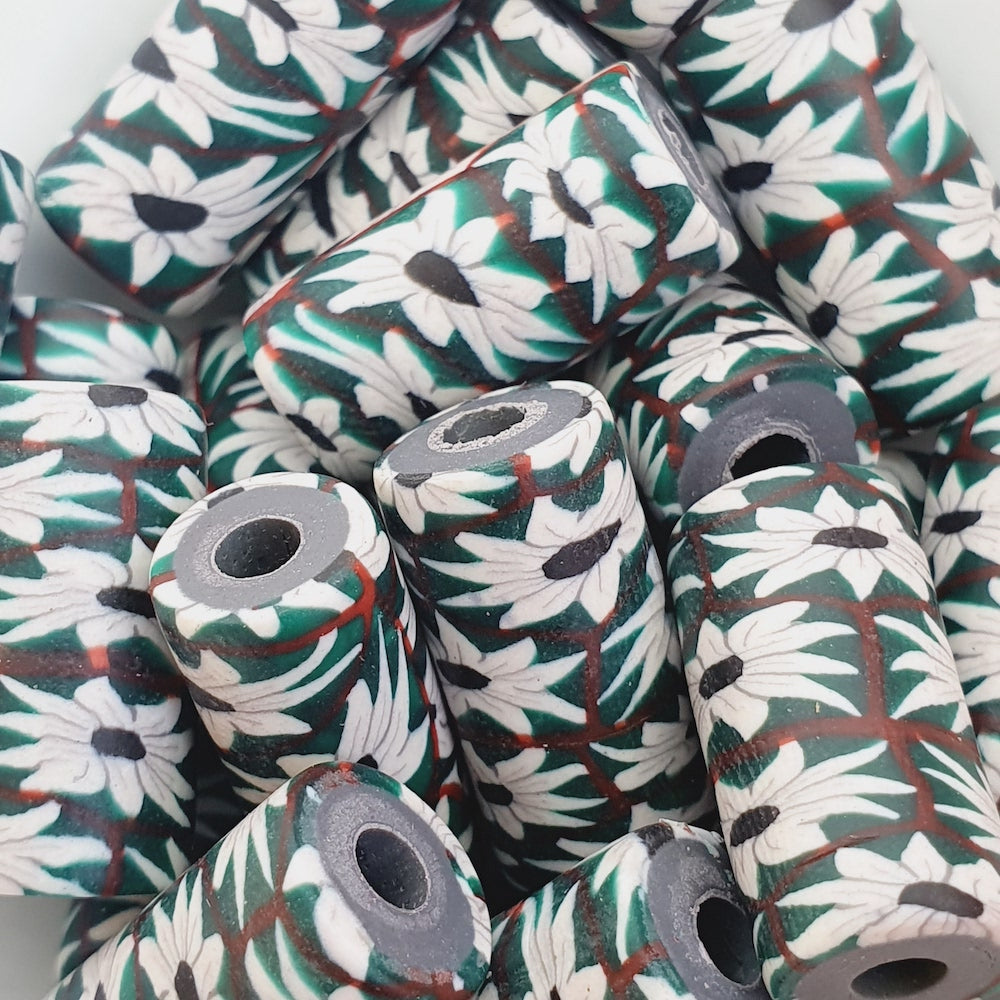 18mm Tube Fimo Beads (10) - White Daisy