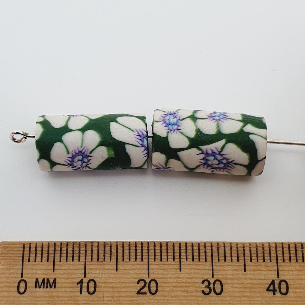 18mm Tube Fimo Beads (10) - White Purple Flower on Green