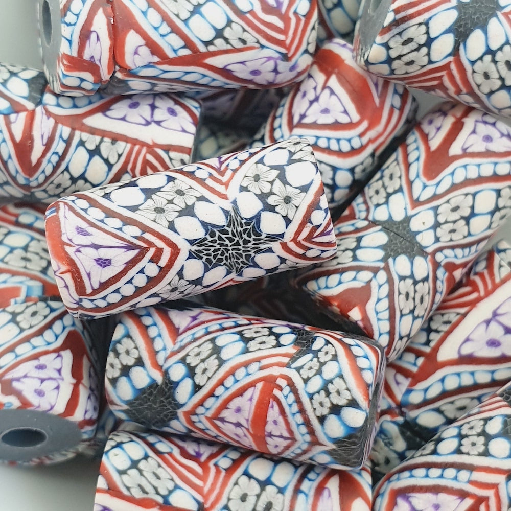 18mm Tube Fimo Beads (10) - Stripes w. Flowers