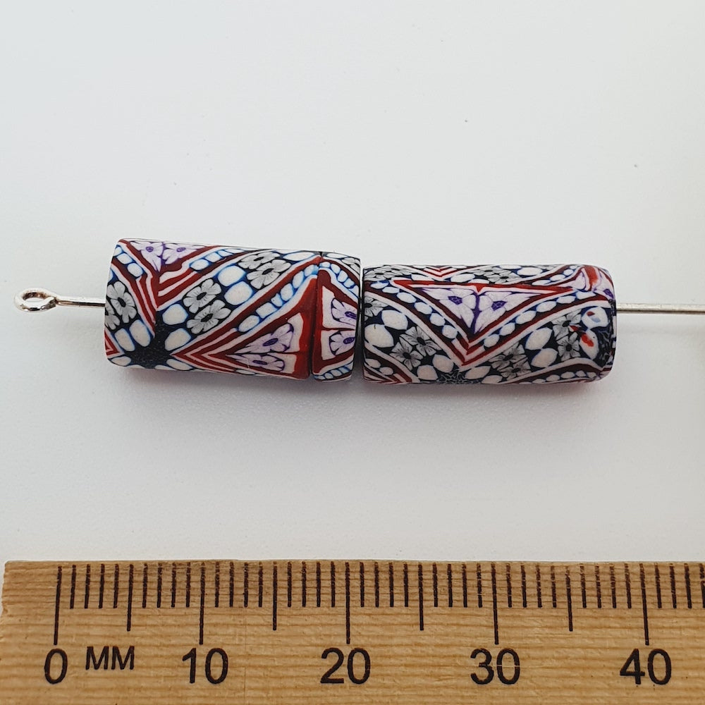 18mm Tube Fimo Beads (10) - Stripes w. Flowers