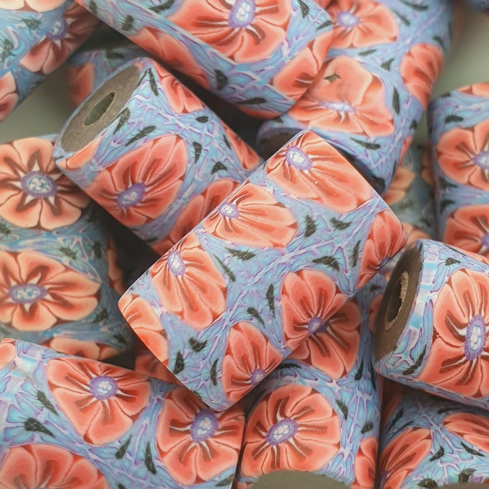 18mm Tube Fimo Beads (10) - Flower Pink w. Blue Surrounds