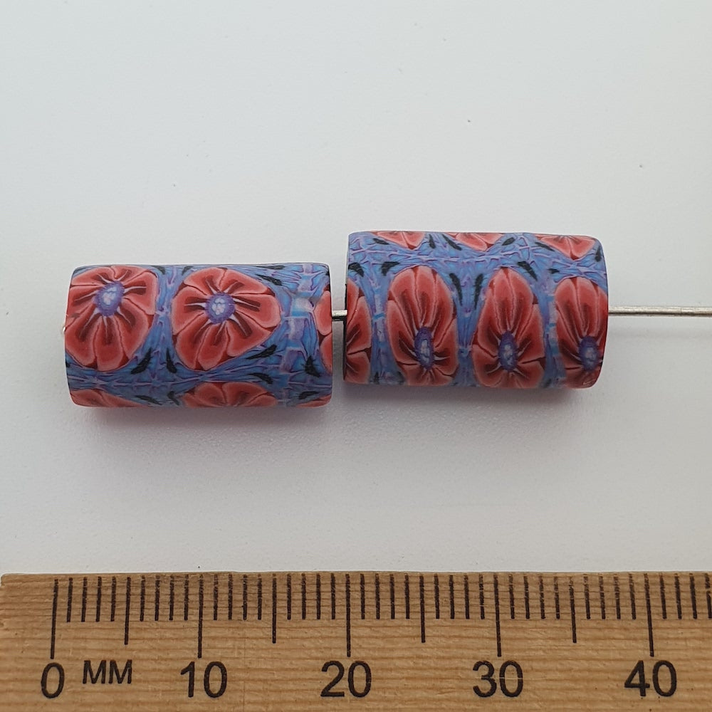 18mm Tube Fimo Beads (10) - Flower Pink w. Blue Surrounds