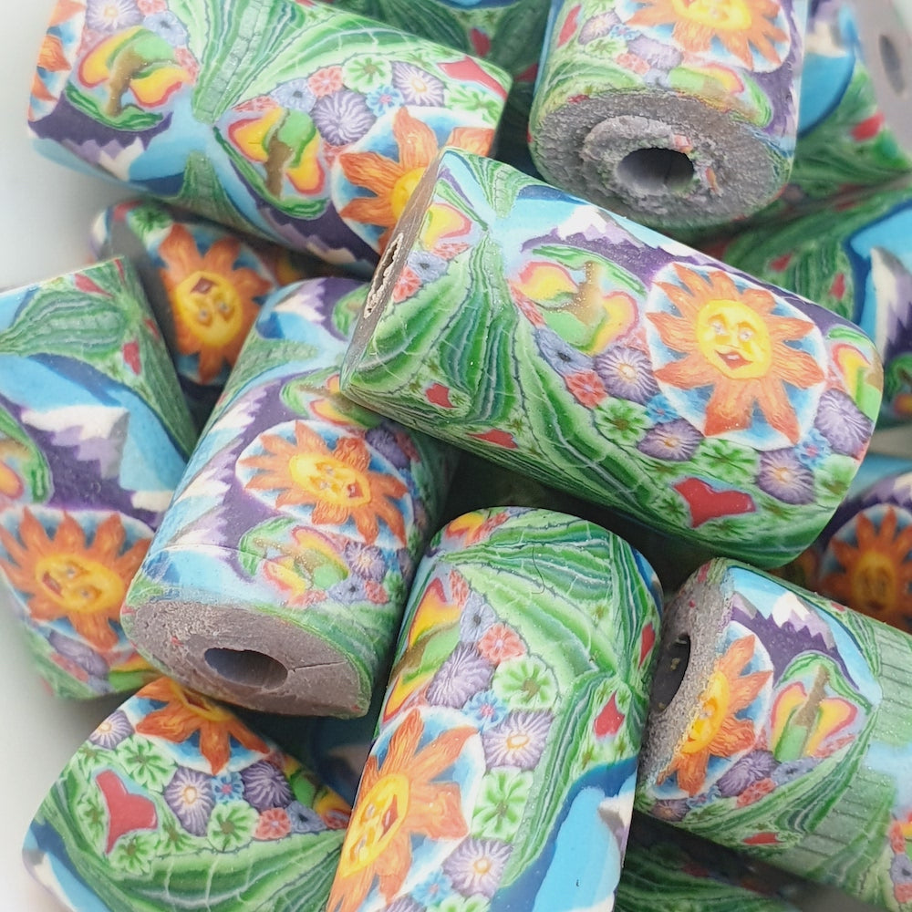 18mm Tube Fimo Beads (10) - Sun & 3 Mountains