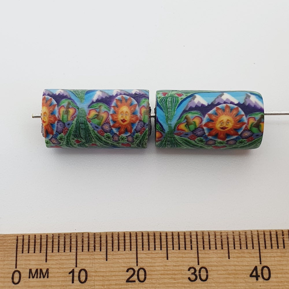 18mm Tube Fimo Beads (10) - Sun & 3 Mountains