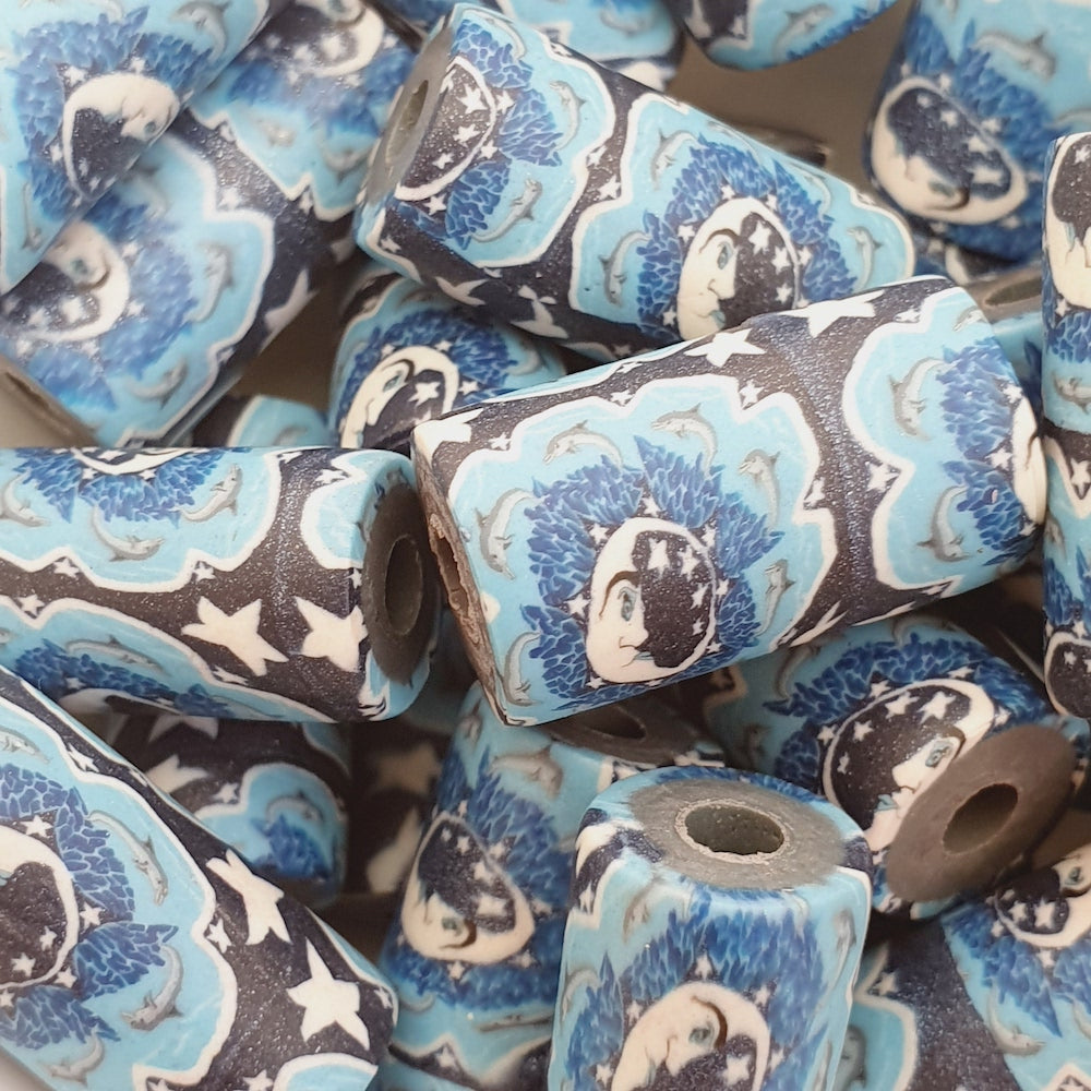 18mm Tube Fimo Beads (10) - Moon Face w. Leaping Dolphins & Stars