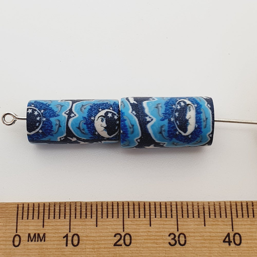 18mm Tube Fimo Beads (10) - Moon Face w. Leaping Dolphins & Stars