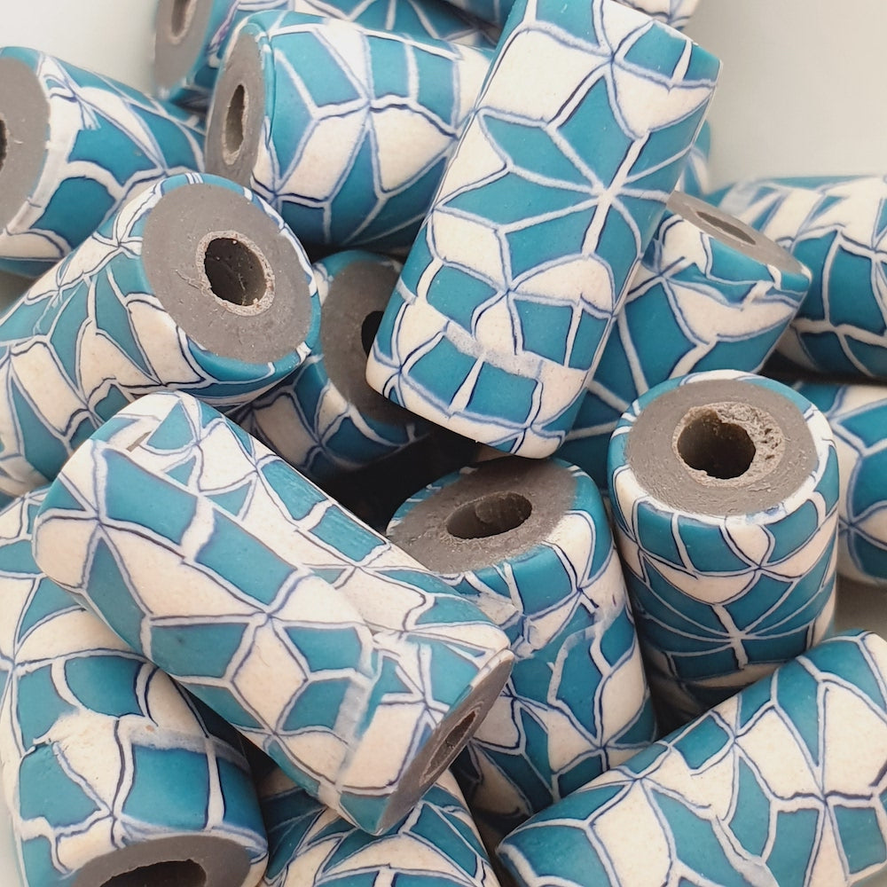 18mm Tube Fimo Beads (10) - Turquoise w. White Patterns