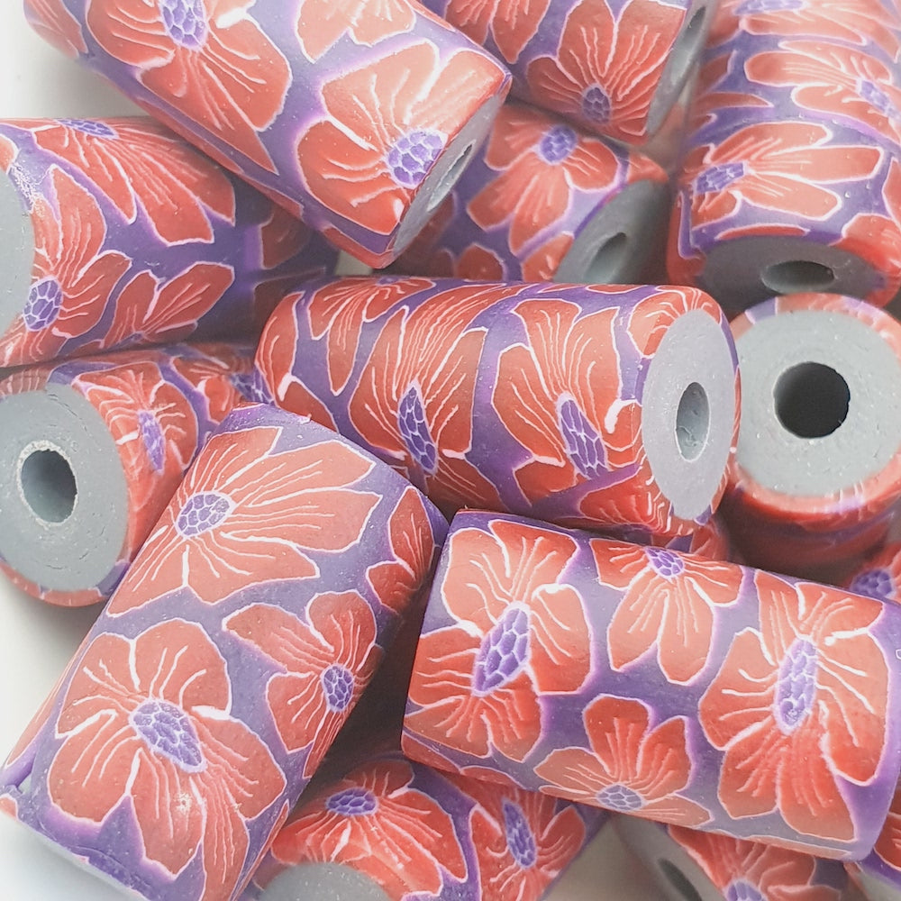 18mm Tube Fimo Beads (10) - Red Flowers on Purple