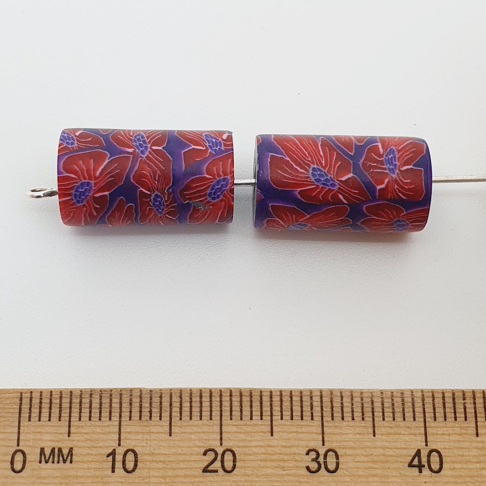 18mm Tube Fimo Beads (10) - Red Flowers on Purple