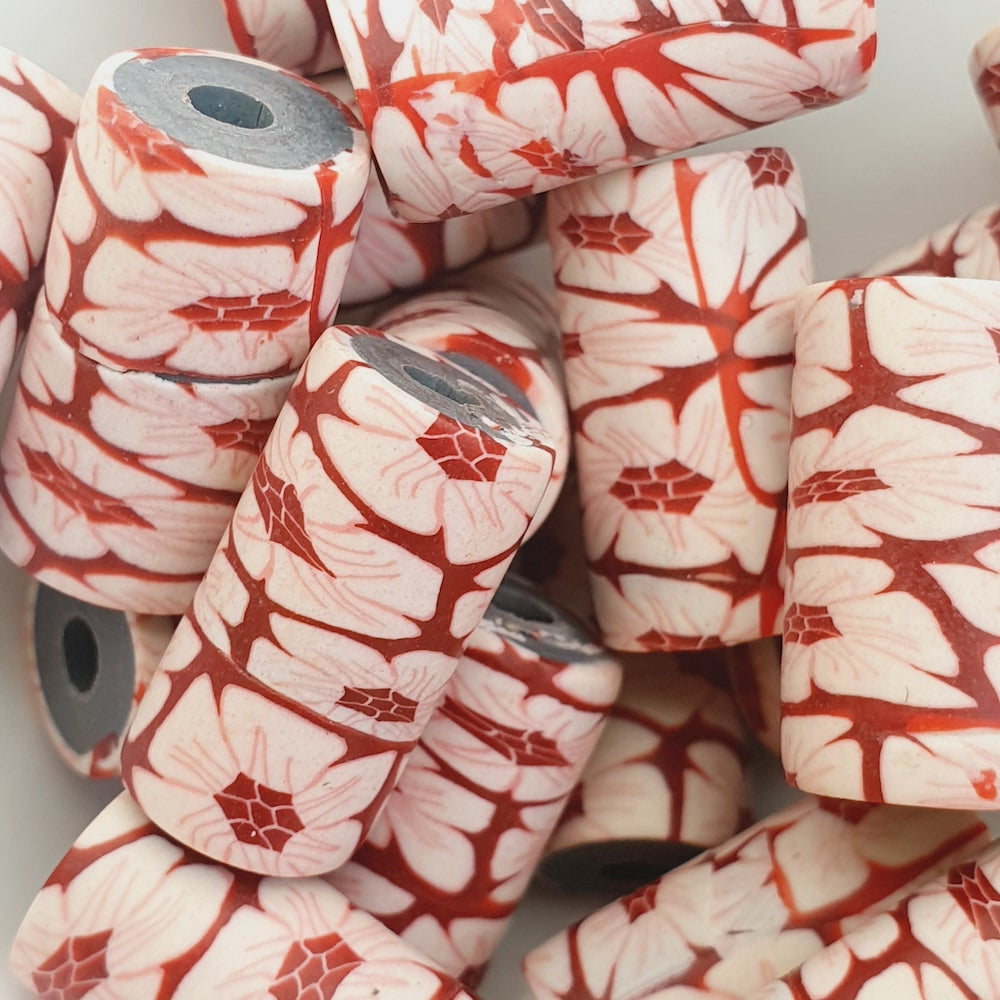 18mm Tube Fimo Beads (10) - White Flowers on Red