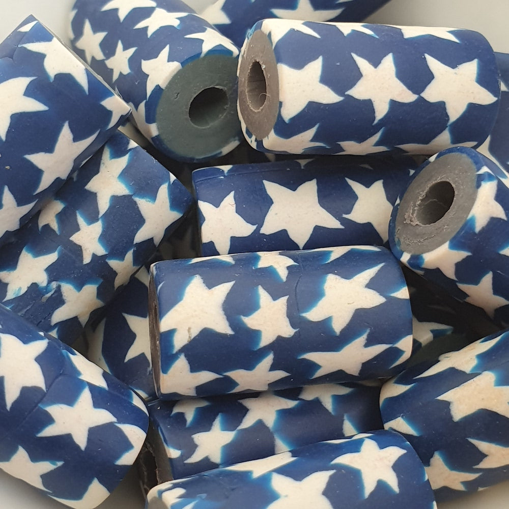 18mm Tube Fimo Beads (10) - White Stars on Blue