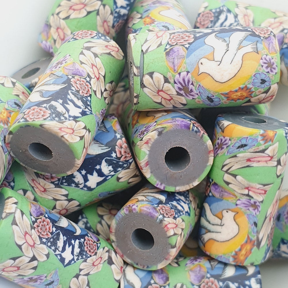 18mm Tube Fimo Beads (10) - Dove w. Moon & Flowers