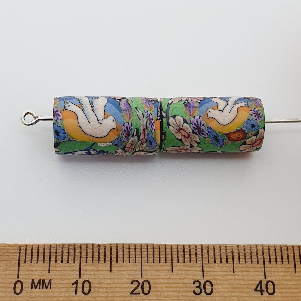 18mm Tube Fimo Beads (10) - Dove w. Moon & Flowers